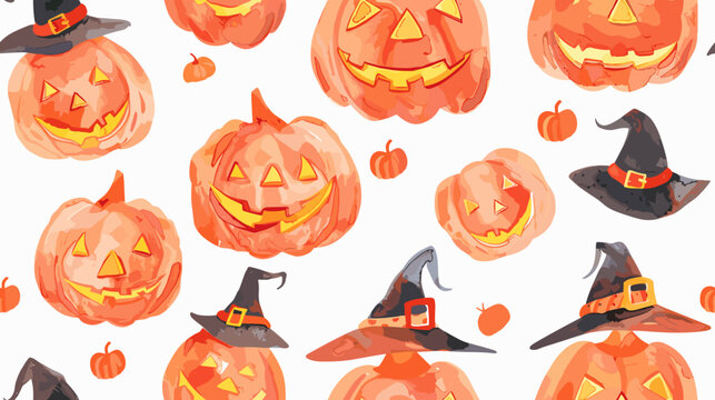 Colorful Halloween Pumpkins and Witch Hats Pattern on a White Background for Seasonal Celebration