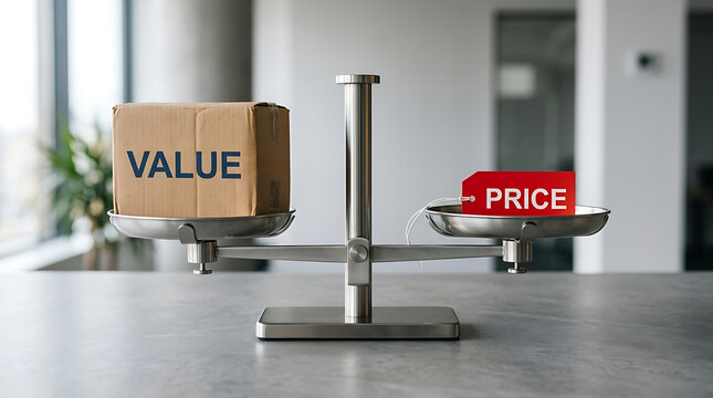 Balancing the scales of value and price with a cardboard box and a red price tag