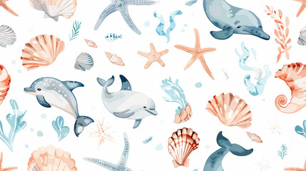 Fototapeta premium Colorful Ocean Themed Pattern Featuring Dolphins, Whales, Shells, and Starfish in Watercolor Style