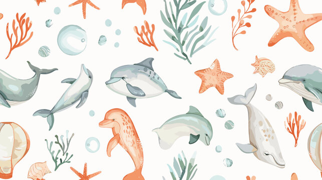 Colorful Underwater Scene Featuring Dolphins, Fish, Starfish and Coral in an Oceanic Pattern Design