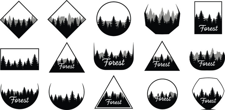 Forest silhouette logo set with pine trees in geometric shapes, nature badge collection for outdoor branding, monochrome vector illustration
