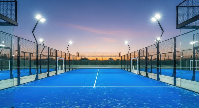 A modern outdoor padel court sits under a soft evening sky, featuring vibrant blue turf, glass walls, and bright stadium lights at dusk, sports, glow, leisure