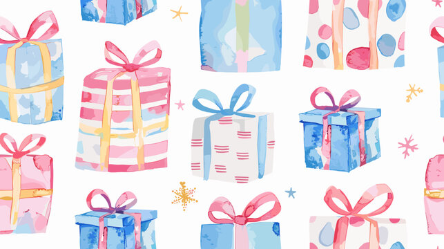 Colorful Watercolor Present Boxes with Ribbons and Decorative Patterns on a White Background