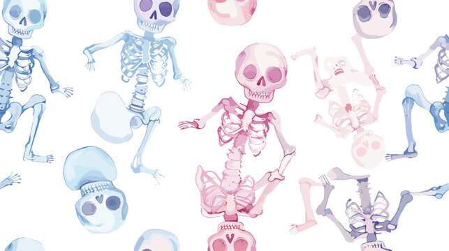 Colorful Watercolor Skeletons in Playful Poses Creating a Whimsical Background Design