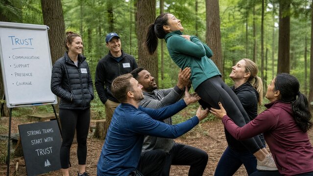 Diverse team building activity in forest, practicing trust exercise with supportive group