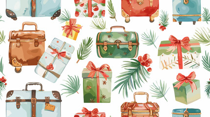 Naklejka premium Festive Pattern Featuring Suitcases, Gifts, and Greenery on a Light Background
