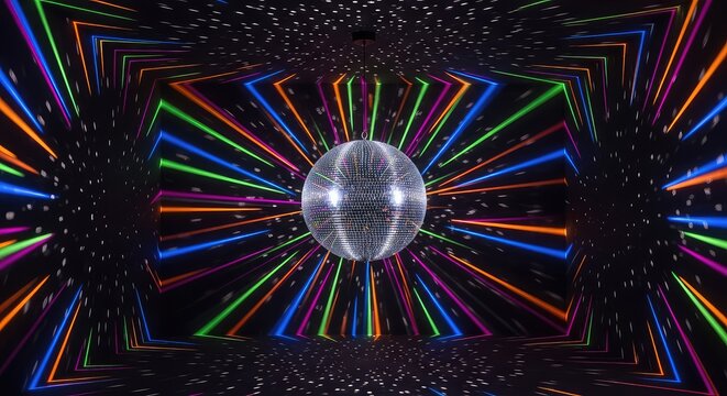 A sparkling mirror ball hangs from the ceiling, reflecting vibrant beams of neon light and colorful specks across a dark, empty room, festive, sparkle, radiant