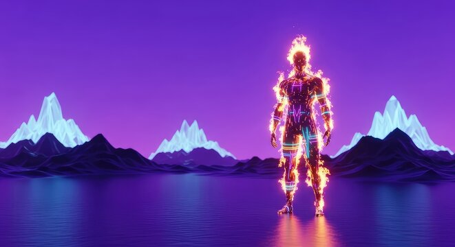 A surreal alien landscape featuring glowing crystalline mountains under a violet sky where a silhouette made of fire and neon light stands, vivid, nature, vibrant