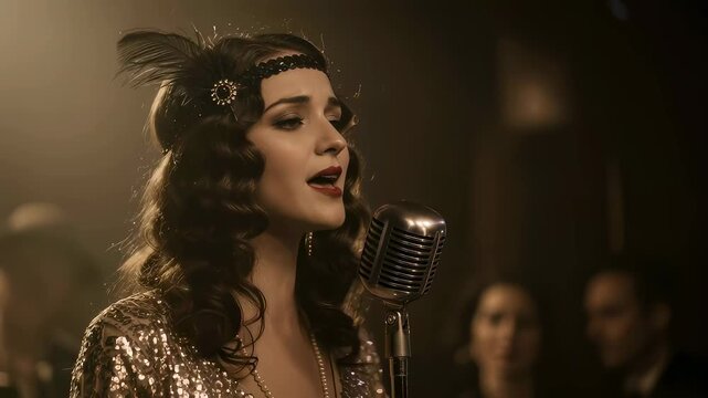Woman singer performing jazz in vintage style. Young lady wearing sequin dress and headband singing into retro microphone on stage. Nightclub musical performance.