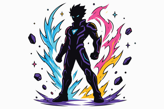 Superhero character standing with electric and fire effects Vector