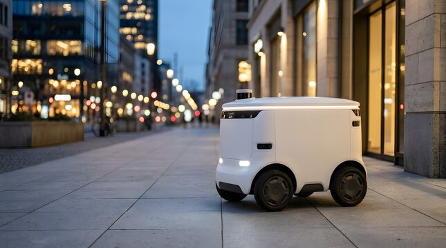 A small white delivery robot moves down a city street at dusk with buildings and lights.