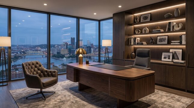 Luxury Executive Office Interior with Large Wooden Desk and Evening City Skyline View