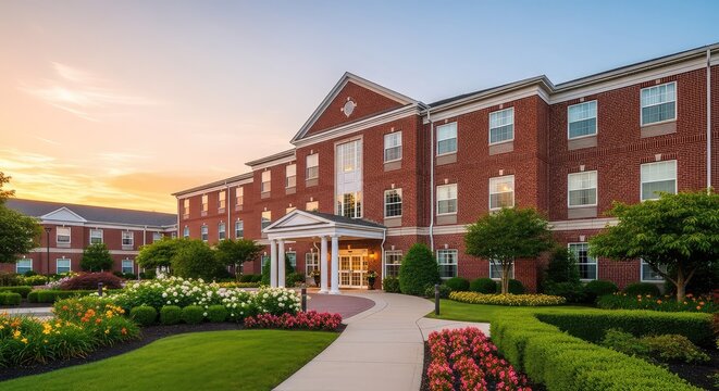 An elegant red brick assisted living facility stands under a soft dawn sky with manicured gardens, large windows, and a serene atmosphere, retirement home, exterior, quiet