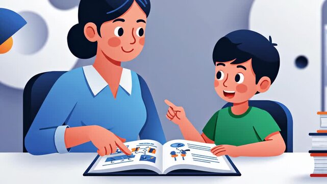 Mother helping son with homework in a bright modern study room illustration