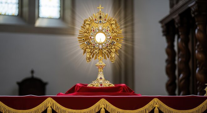 An ornate gold monstrance displays a consecrated host on a draped altar in a quiet chapel, featuring intricate metalwork and radiant light, metalwork, liturgical, bright