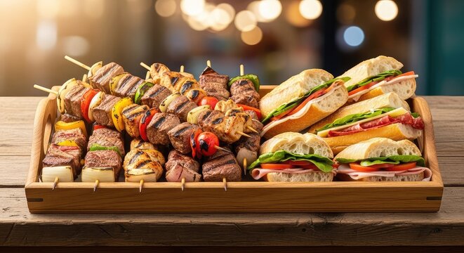 Assorted grilled meat skewers and crusty sandwiches arranged on a rustic wooden tray at a vibrant outdoor market stall with warm lighting, catering, warm lighting, cooking
