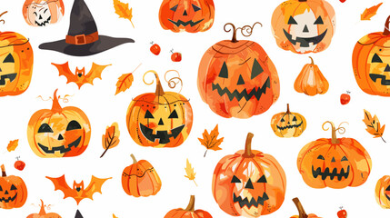 Fototapeta premium Pattern of Colorful Halloween Pumpkins and Witch Hat with Autumn Leaves on a White Background