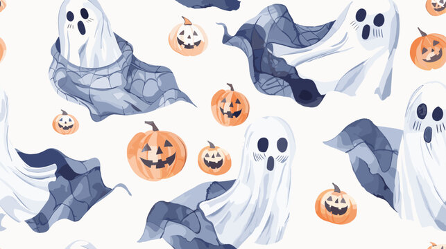 Playful Halloween Illustration Featuring Ghosts and Jack-o'-Lanterns in a Festive Pattern