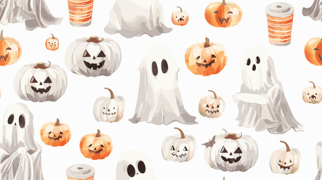 Playful Halloween Pattern Featuring Ghosts and Smiling Pumpkins with Whimsical Expressions