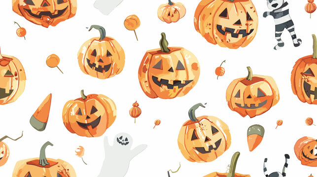 Playful Halloween Theme Featuring Smiling Pumpkins, Candy, Ghosts, and Festive Elements on White