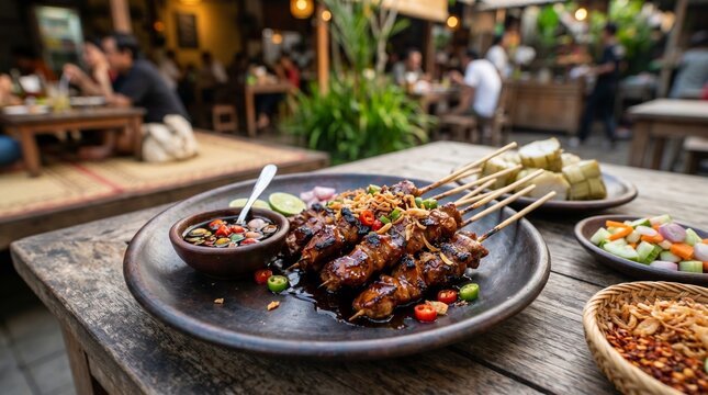 Indonesian Chicken Satay With Sweet Soy Chili Sauce, Lontong, and Pickles at Rustic Outdoor Restaurant