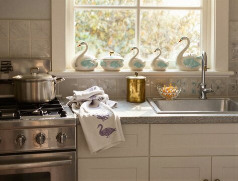 Swan ceramic canisters arranged on kitchen windowsill