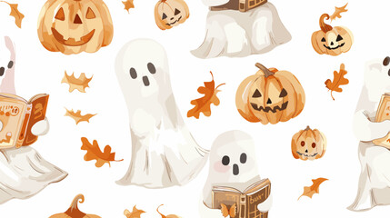 Whimsical Halloween Illustration Featuring Cute Ghosts and Pumpkins Surrounded by Autumn Leaves © AI PIC