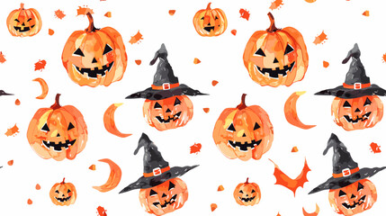 Obraz premium Whimsical Halloween Pattern Featuring Orange Pumpkins and Witch Hats with Autumn Leaves and Moons