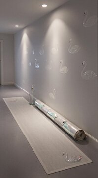 Swan wall decals and wallpaper roll laid out in hallway