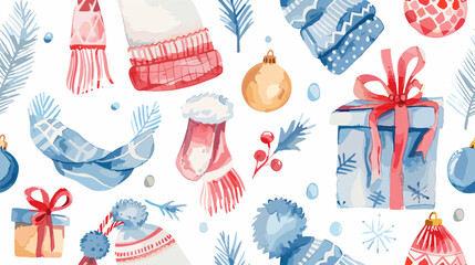 Winter Holiday Decorations with Scarves, Gifts, and Ornaments in Vibrant Colors and Patterns © AI PIC