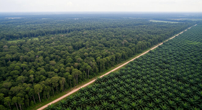 Palm oil plantation and rainforest aerial view deforestation - Sawit