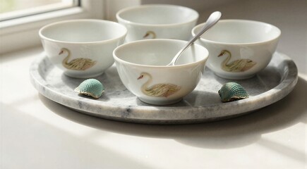 Fototapeta premium Porcelain bowls with swan decals arranged on marble tray