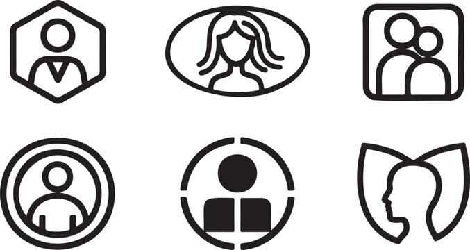 Black user profile and avatar on white background, various shapes and styles