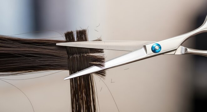Professional hairdressing scissors performing a precision trim on individual hair strands to remove split ends while keeping the length, brown, long, smooth