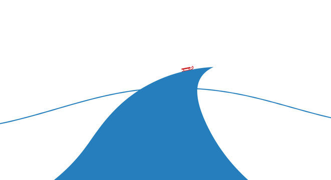 Minimalistic illustration of a snowy hill with a small red sled perched at the peak, set against a stark white background