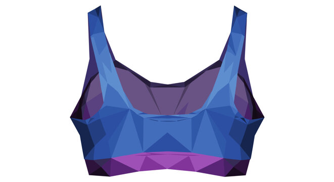 Geometric blue and purple sports bra with a back view, showcasing angular design against a white background