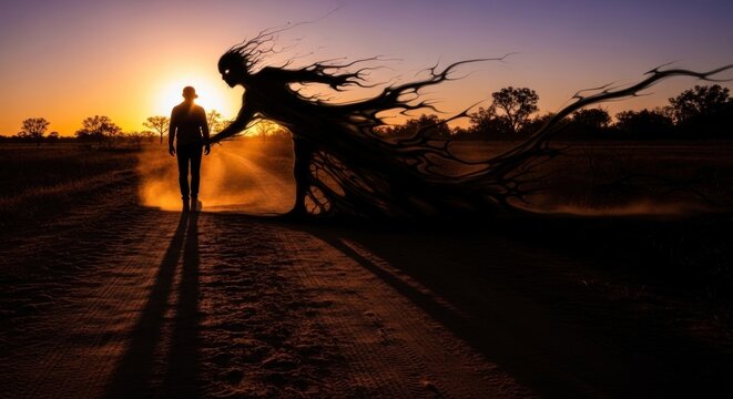 Silhouette of man followed by dark shadow monster at sunset