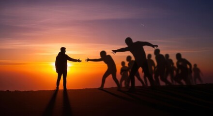Fototapeta premium Silhouette of man reaching hand to crowd at sunset