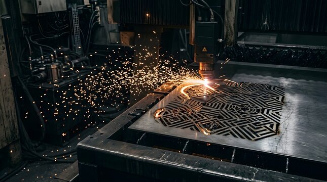 A worker operates a cutting machine on a geometric stainless steel plate in a factory.