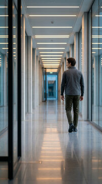 One-point perspective of a man moving down a luminous corridor. A rhythmic interplay of LED lighting, glass reflections, and quiet architectural elegance.