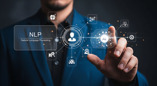 Business professional touching AI interface with NLP language processing concept