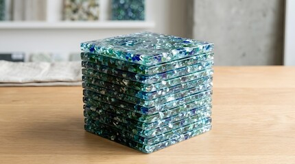 Obraz premium A stack of recycled materials sits on a wooden table indoors.