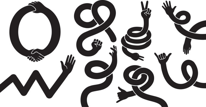 Flexible long arms with hand gestures, abstract characters set hands