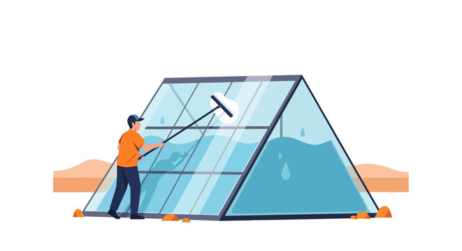 Person Cleaning Glass Pyramid Structure with Squeegee in Construction Site