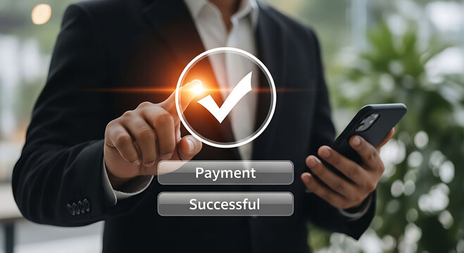 Businessman Using Smartphone Confirming Payment Successful Secure Transaction