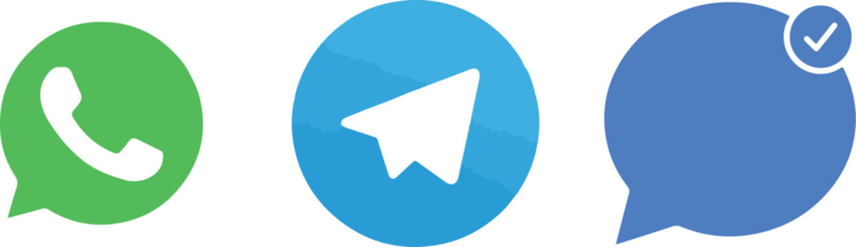 WhatsApp logo, Telegram icon and blue messaging chat bubble with checkmark. Popular social media communication icons set. 2025 messaging app vector logos isolated on white background for web