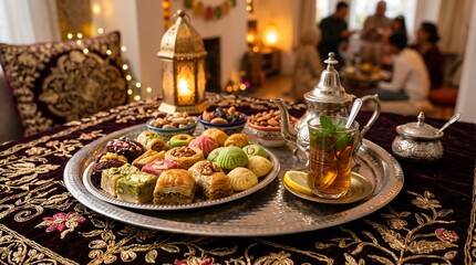 Fototapeta premium Authentic Middle Eastern Desserts & Mint Tea: Baklava, Dates & Nuts in a Cozy, Festive Setting with Traditional Decor & Lanterns