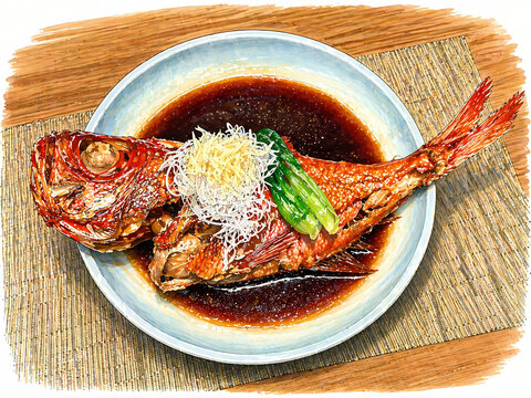 fried fish on a plate
Braised golden eye snapper (Kinmedai no nitsuke), traditional Japanese cuisine from Izu, simmered fish dish