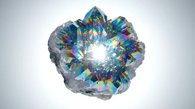 Mesmerizing iridescent crystal cluster in the form of a brilliant gemstone with an internal light source on a gradient background