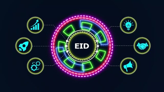 Neon digital animation featuring eid business text concept with spinning elements and infographic icons.